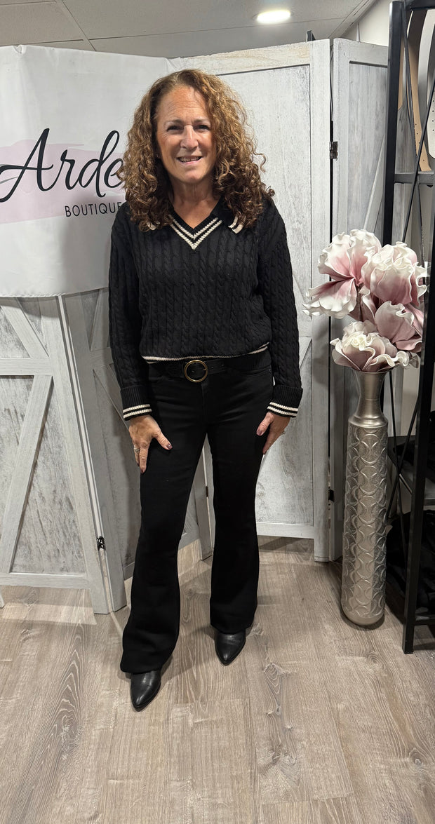 Cable V Neck Sweater With Collar & Trim Detail- Available in 2 Colors!