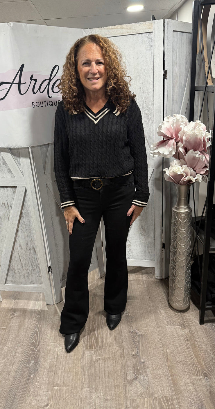 Cable V Neck Sweater With Collar & Trim Detail- Available in 2 Colors!
