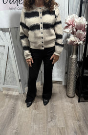 Stone/Black Striped Jacquard Knit Button Front Cardigan- Available in Black/Oatmeal Too!