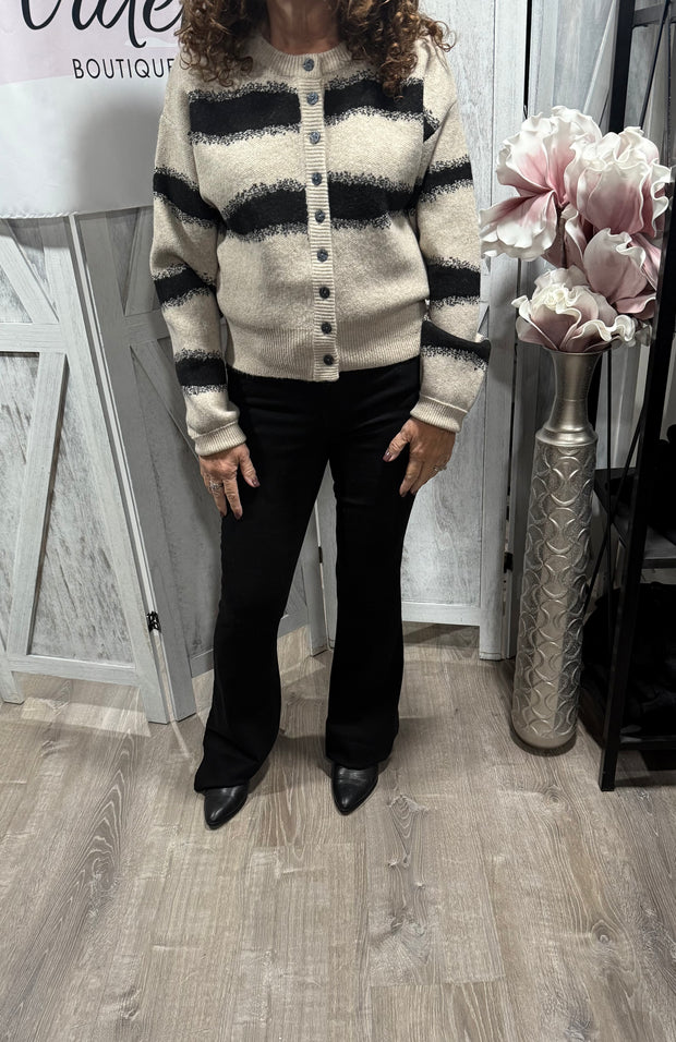 Stone/Black Striped Jacquard Knit Button Front Cardigan- Available in Black/Oatmeal Too!