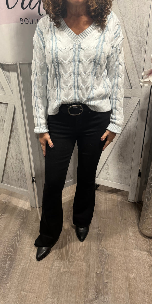 Frosted Sky Blue Cable V Neck Sweater