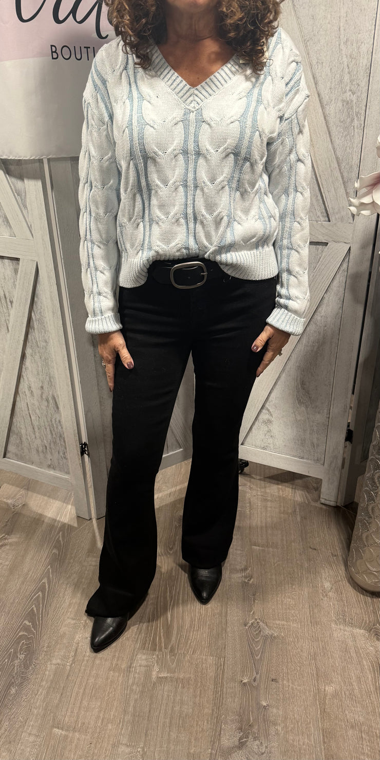 Frosted Sky Blue Cable V Neck Sweater