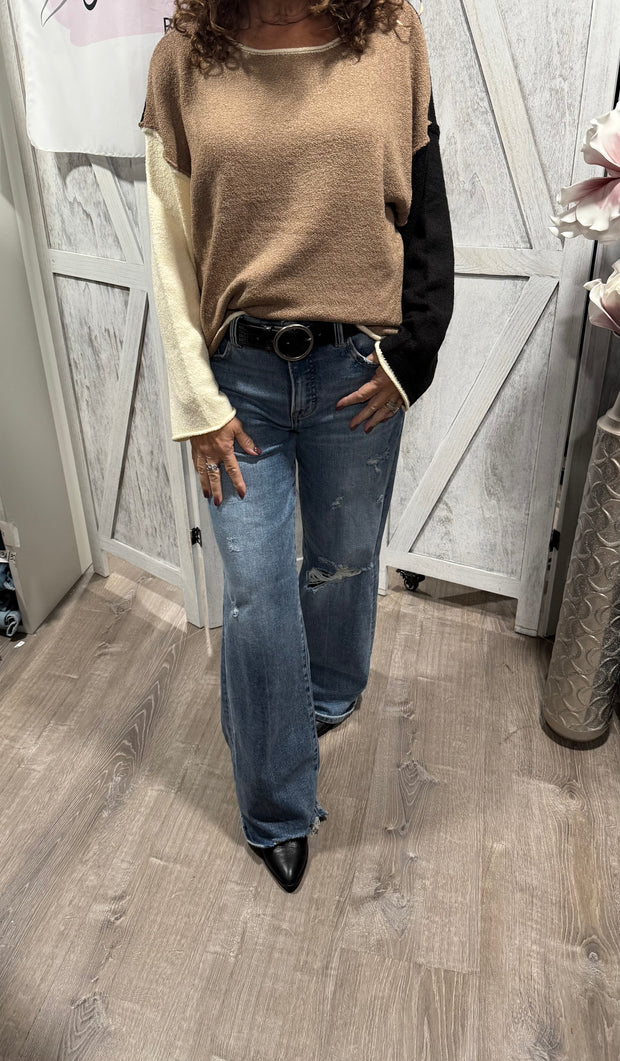 Taupe/Black Colorblock Knit Rolled Edge Sweater