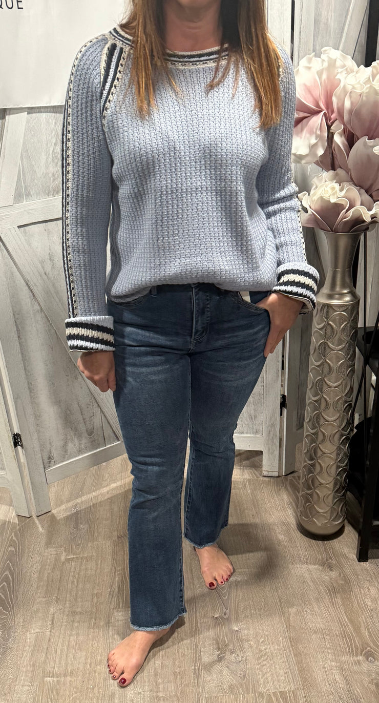 Soft Blue Raglan Sleeve Trim Detail Top