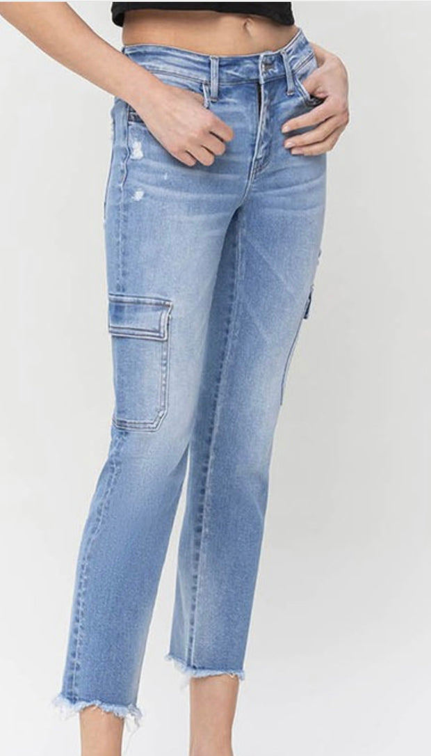 Mid Rise Slim Straight Cargo Jeans