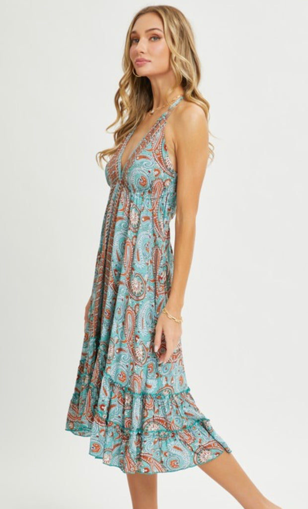 Aqua Halter Paisley Border Dress