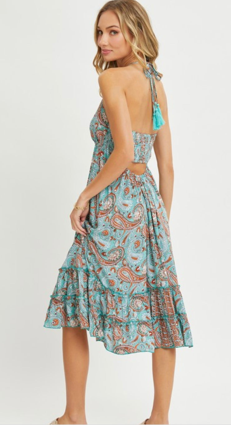 Aqua Halter Paisley Border Dress