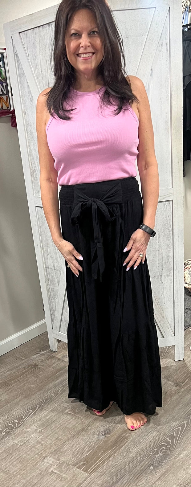 Black Tie Waist Tiered Wide Leg Pant