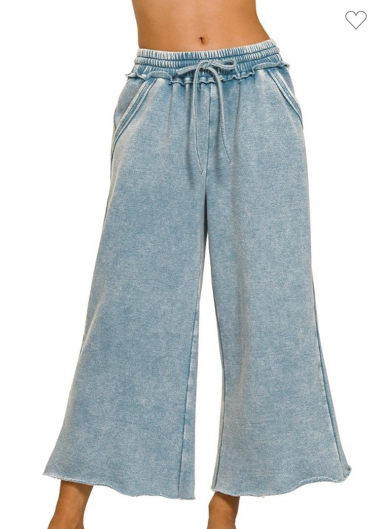 Acid Wash Fleece Palazzo Sweatpants With Pockets- Available in Blue & Sleet