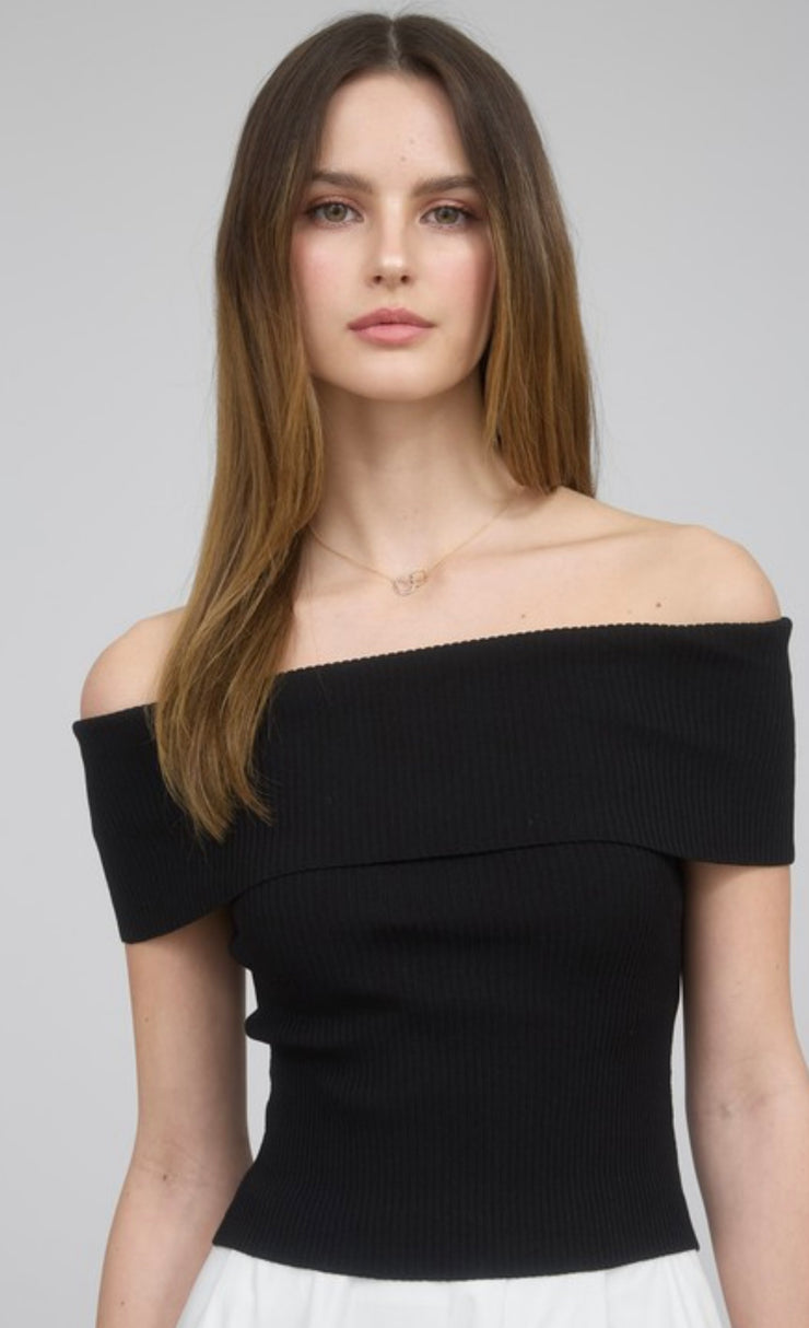 Black Off The Shoulder Fold Over Sweater Top