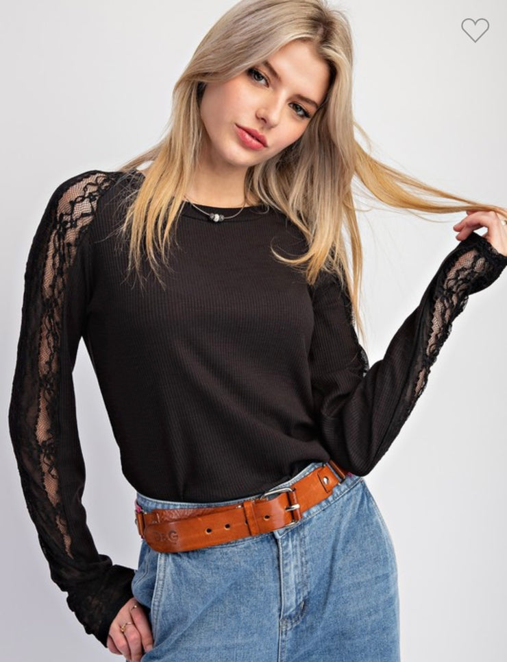 Black Lace Mix Rib knit Fitted Top