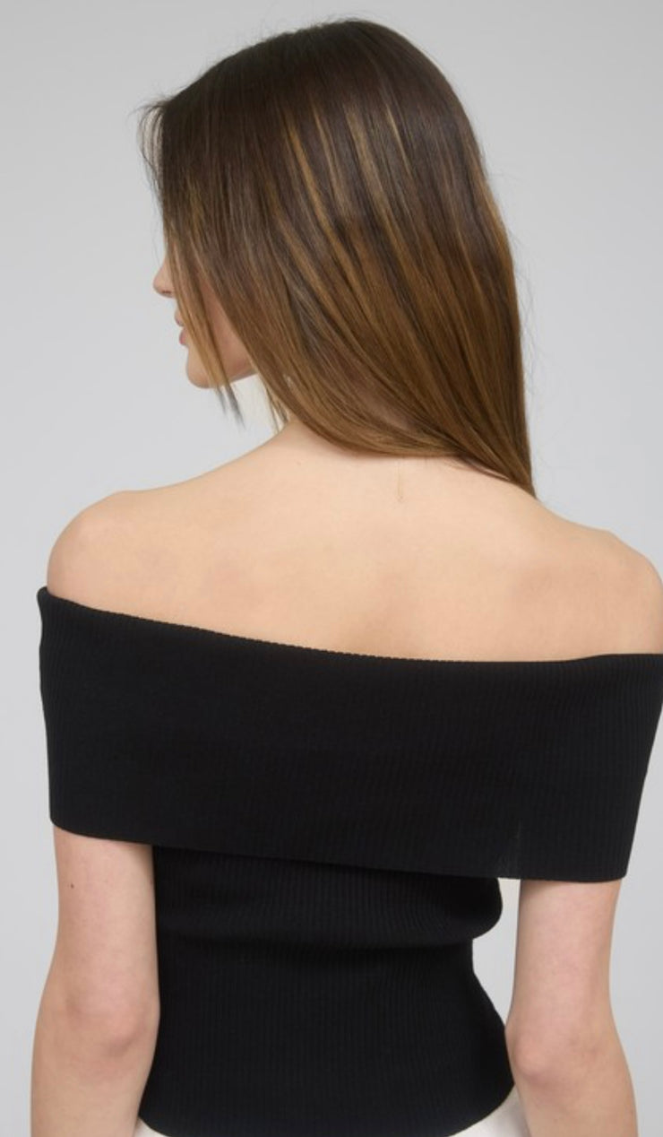 Black Off The Shoulder Fold Over Sweater Top