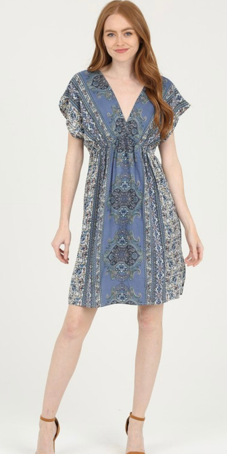 Blue Print V Neck Kimono Dress