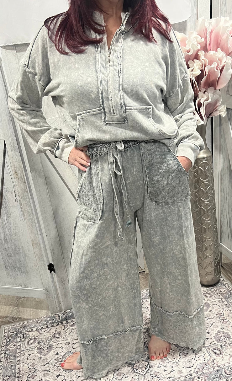 Silver Grey Mineral Wash Raw Hem Detail Half Zip Pocket Top With Matching Wide Leg Pants