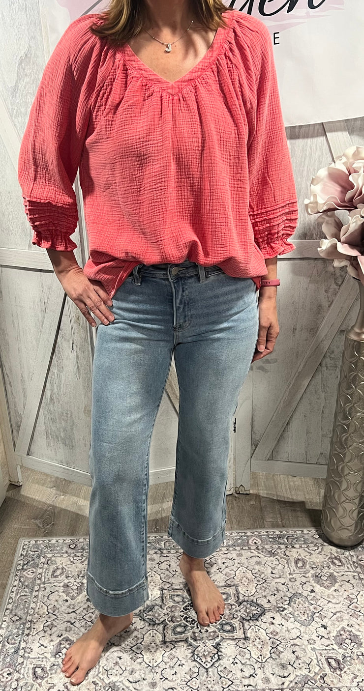 Coral Mineral Washed Cotton Gauze Top
