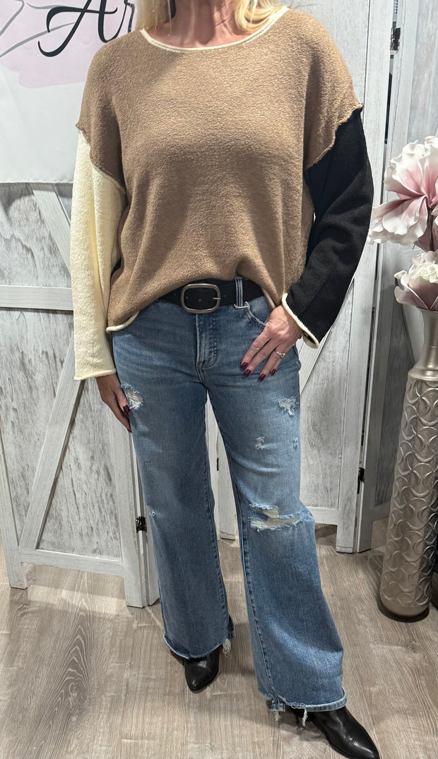 Taupe/Black Colorblock Knit Rolled Edge Sweater