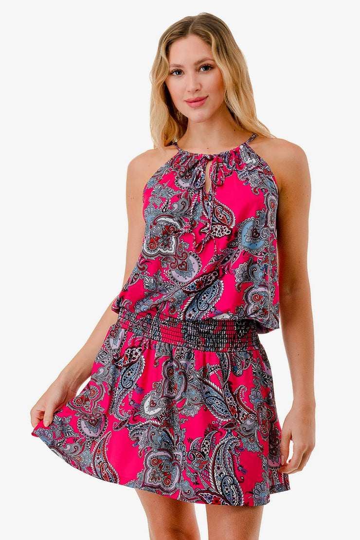 Hot Pink Paisley Front Tie Dress- Also Available In Blue Paisley