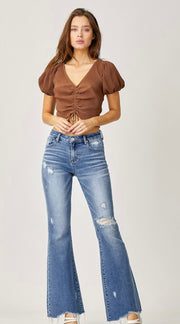 Mid Rise Distressed Flare Jeans