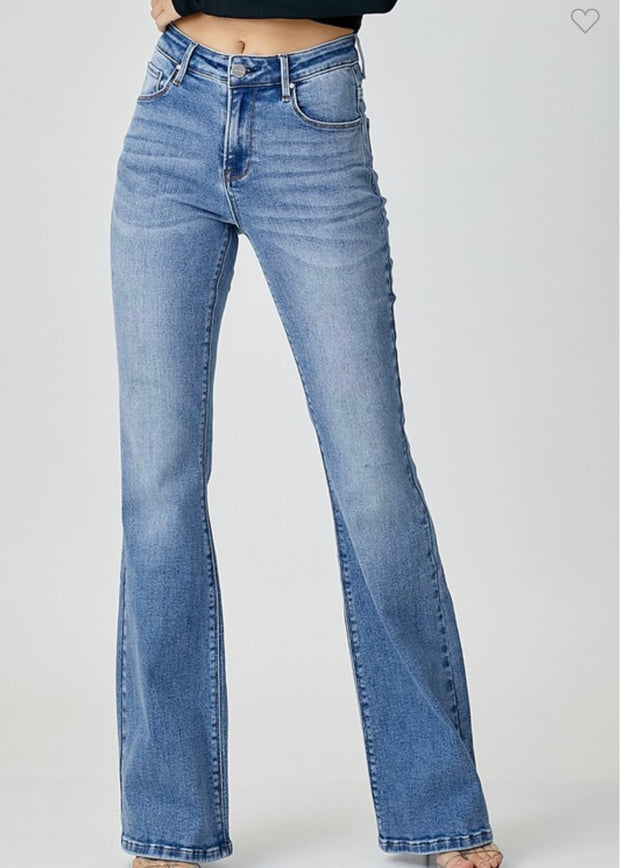 Risen Mid Rise Basic Flare Jeans- No Rips