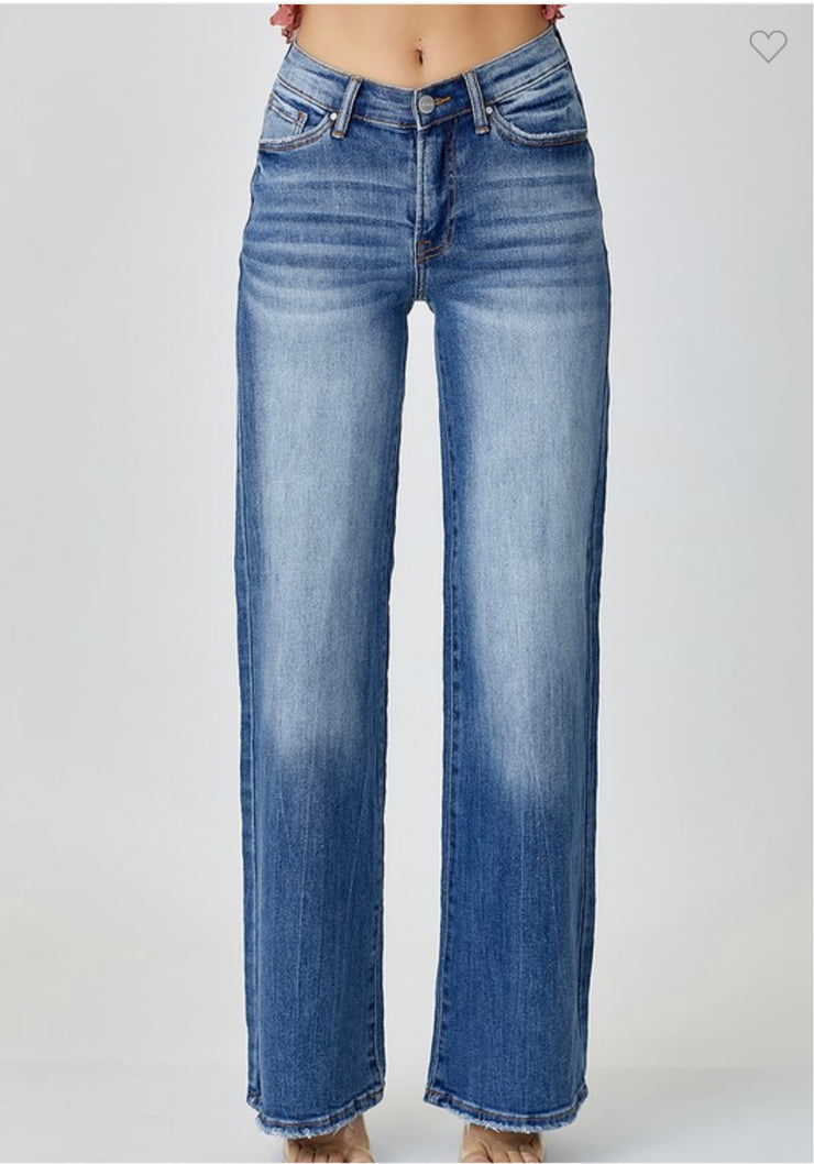 Risen Mid Rise Dipped V Wide Leg Jeans