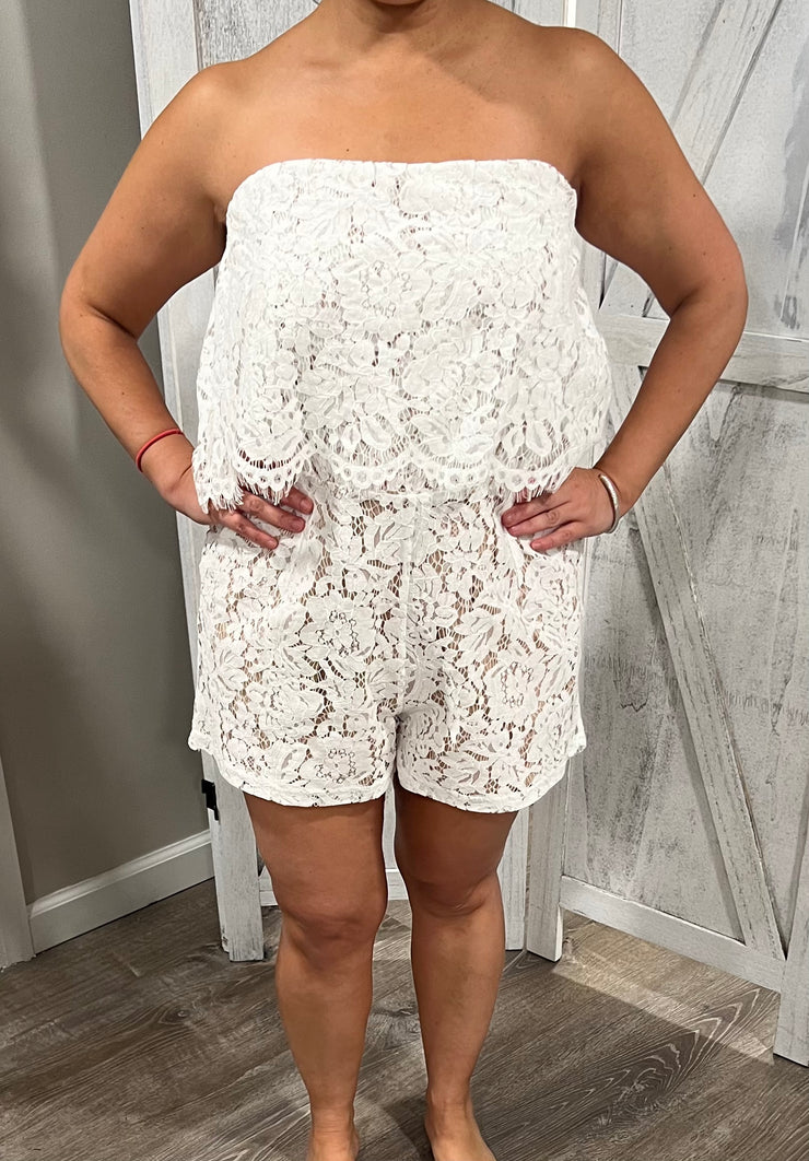 Off White Lace Strapless Romper