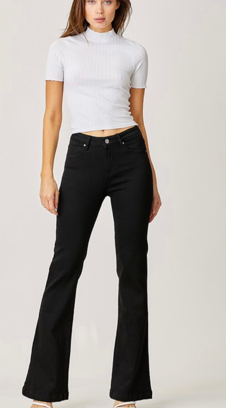 Risen Mid Rise Basic Black Flare Jeans- No Rips