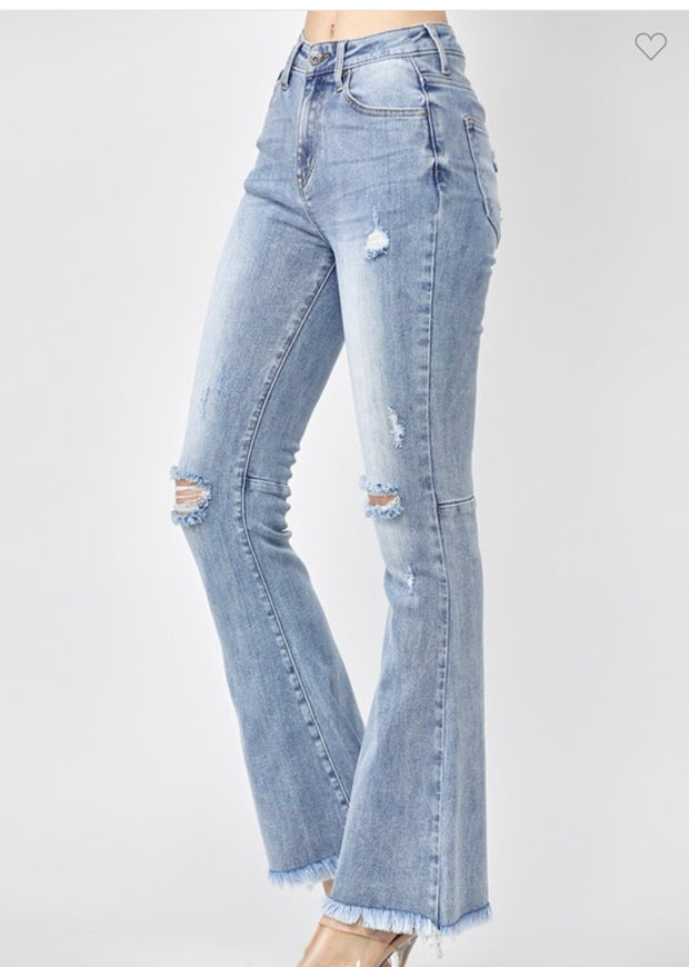 Risen Light Wash Raw Hem Distressed Flare Jeans With Back Detail