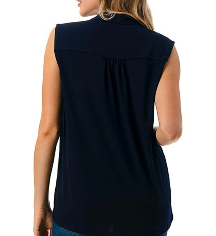 Black Sleeveless V Neck Top With Tie Detailed Neck
