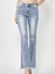 Risen Light Wash Raw Hem Distressed Flare Jeans With Back Detail