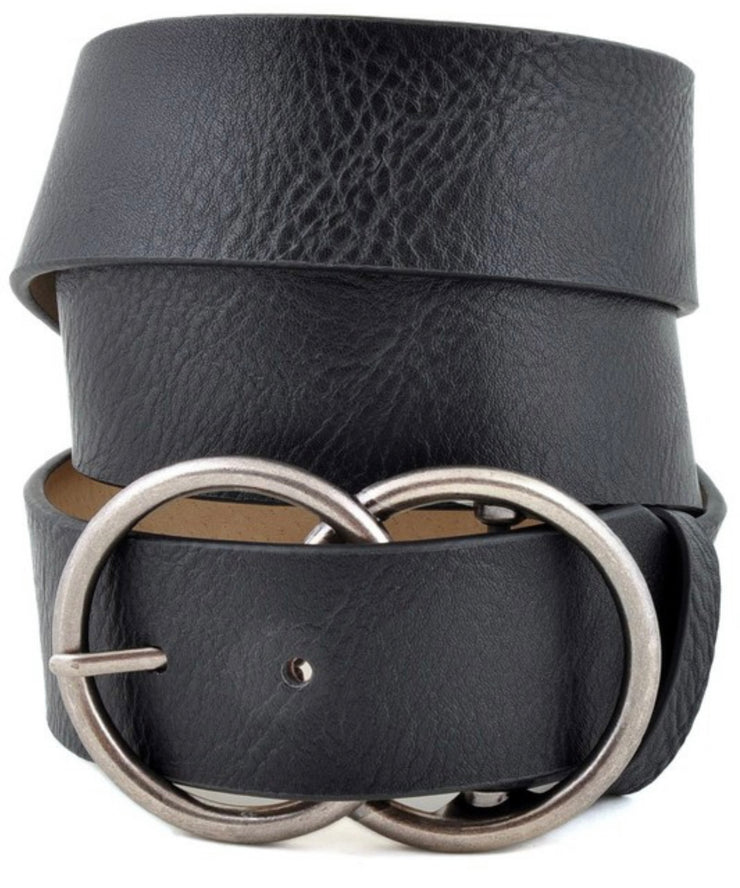 Black Vegan Leather Double Silver Buckle Belt