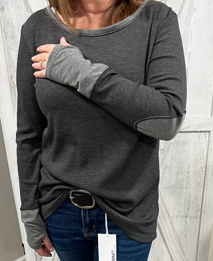 Thermal Knit Top with Elbow Patch Detail and Thumb Holes- 2 colors