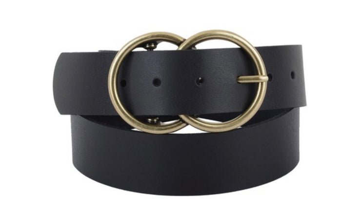 Gold Double Buckle Black Leather Belt