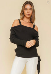 Black Ribbed Sweater With Tie Waist And Cold Shoulder