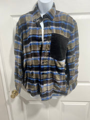 One Of A Kind Upcycled Distressed Flannel- Olive/Blue/Black with Black Front Pocket/Black Love, Gold Peace Sign- Fits Size 6/8