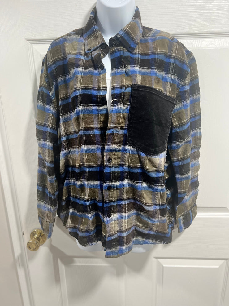 One Of A Kind Upcycled Distressed Flannel- Olive/Blue/Black with Black Front Pocket/Black Love, Gold Peace Sign- Fits Size 6/8