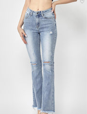 Risen Light Wash Raw Hem Distressed Flare Jeans With Back Detail