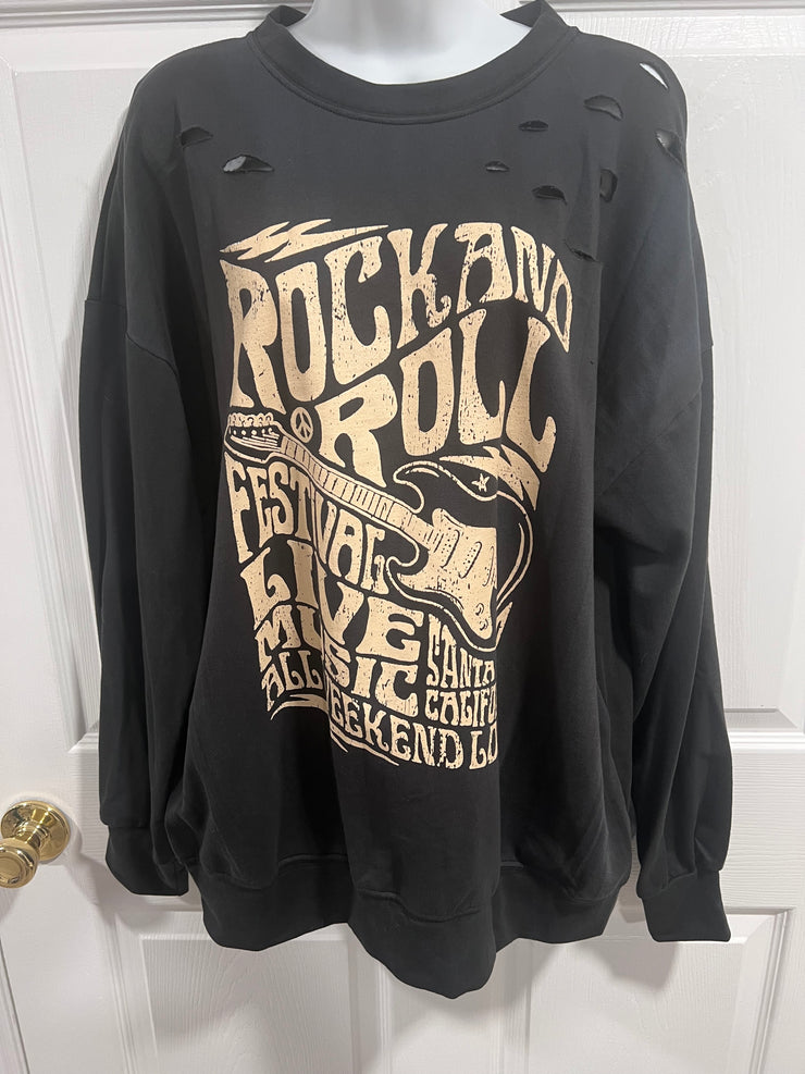 Rock & Roll Distressed Vintage Black Lightweight Sweatshirt