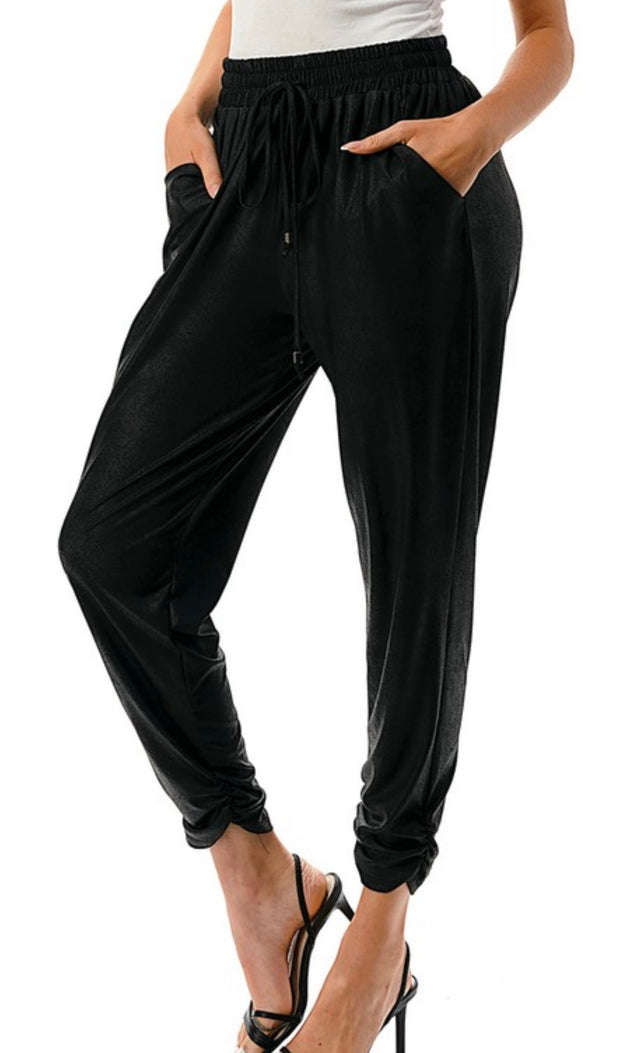 Ariella Black Ruched Joggers (Matching Puff Shoulder Top  or Off Shoulder Top  Available)