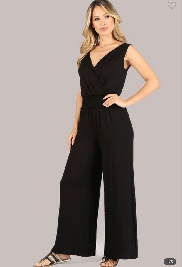 Black Criss Cross Jumpsuit with Smocked Waist