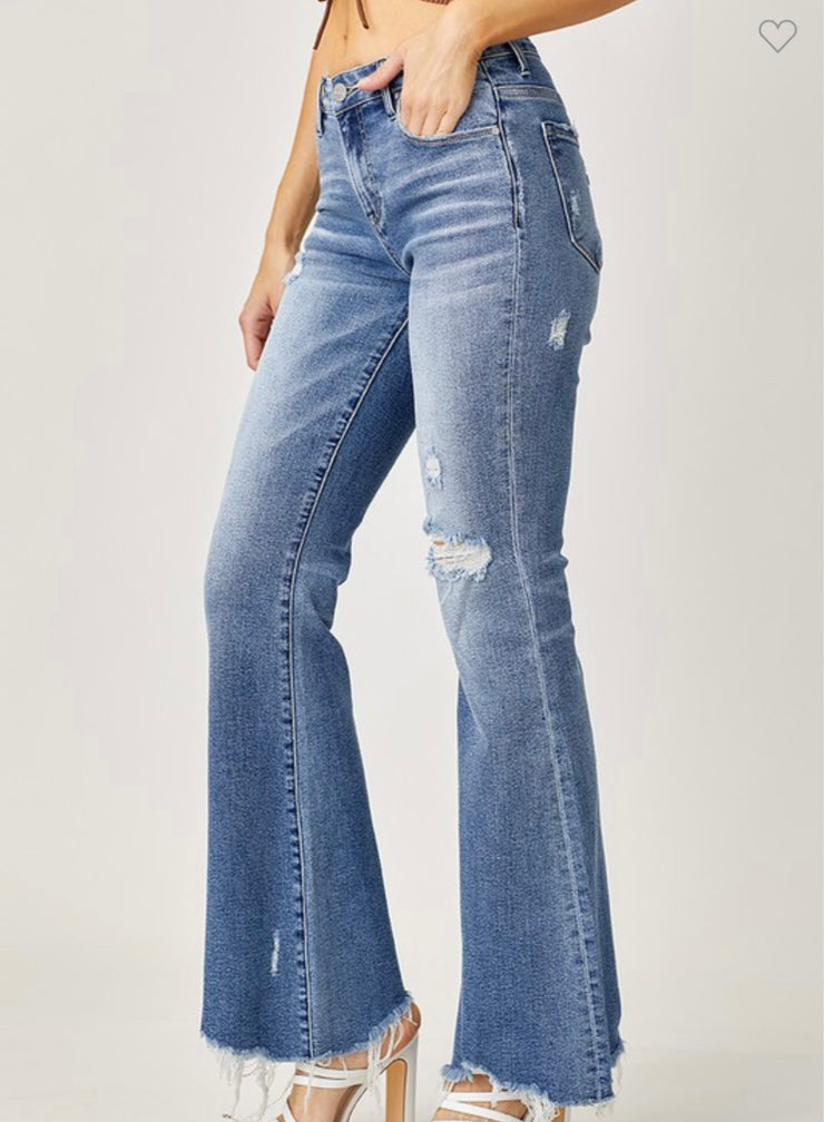 Mid Rise Distressed Flare Jeans