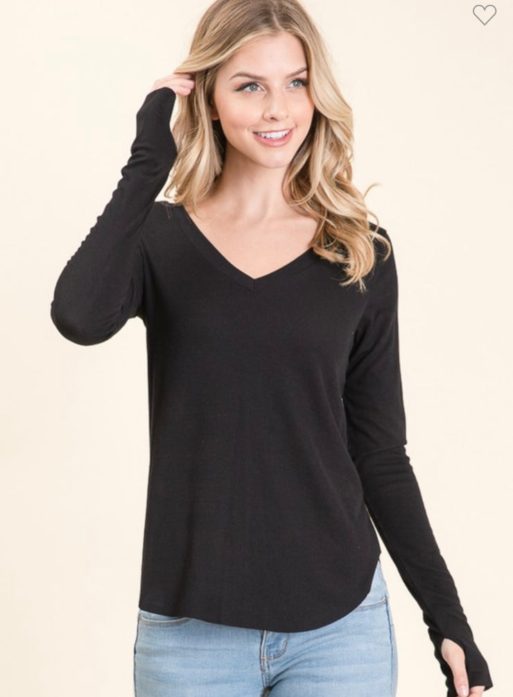 Black Ribbed V Neck Long Sleeve Top With Thumb Hole and Raw Edge