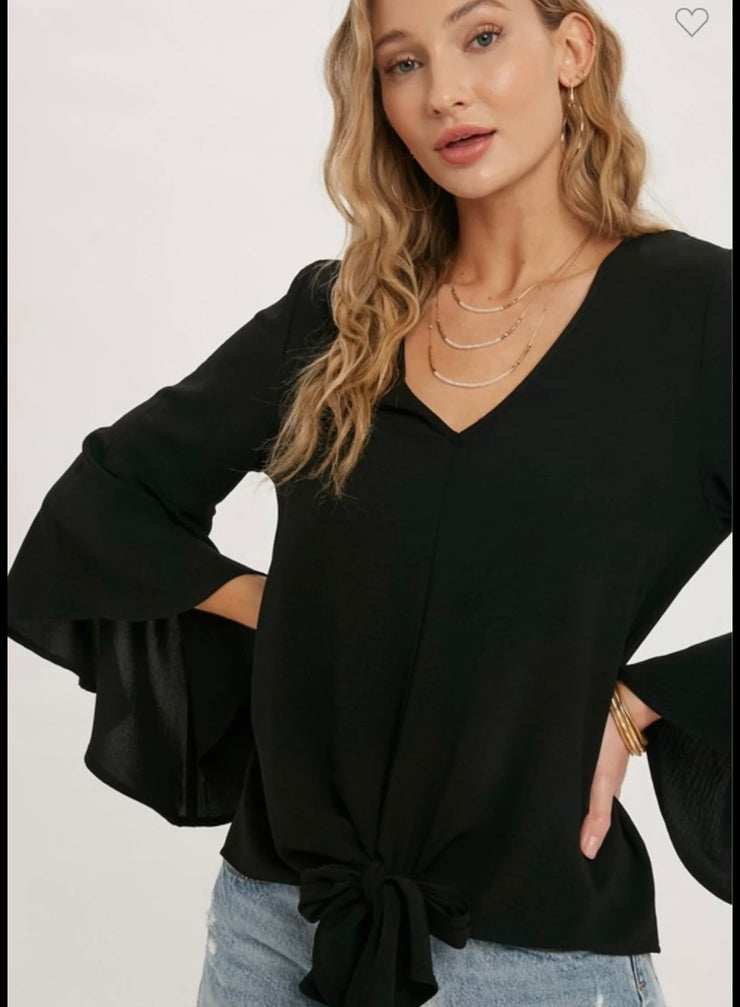 Tie Front Bell Sleeve Top- Available in Black or Blue