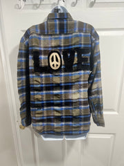 One Of A Kind Upcycled Distressed Flannel- Olive/Blue/Black with Black Front Pocket/Black Love, Gold Peace Sign- Fits Size 6/8