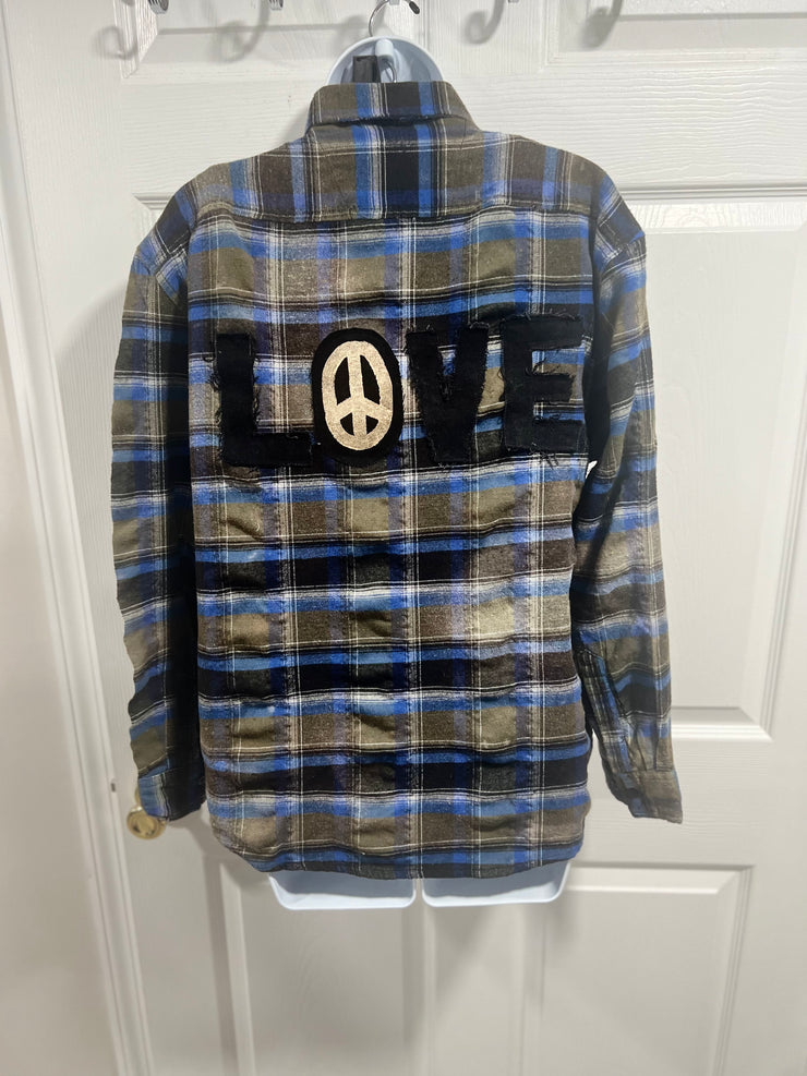 One Of A Kind Upcycled Distressed Flannel- Olive/Blue/Black with Black Front Pocket/Black Love, Gold Peace Sign- Fits Size 6/8