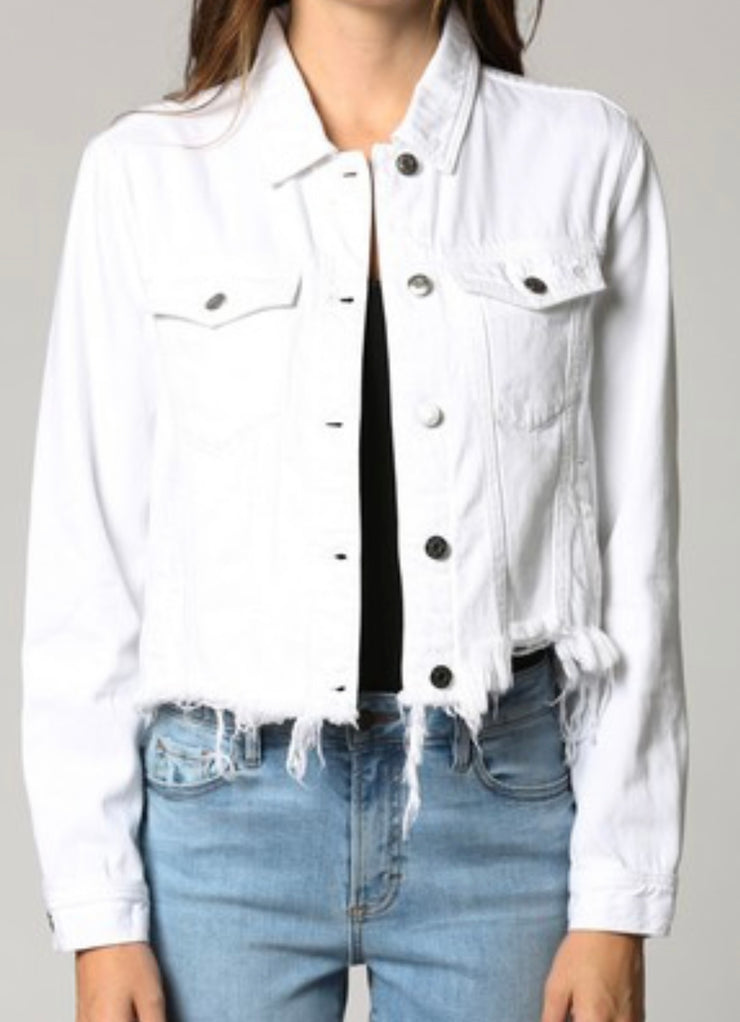 Hidden Fitted Cropped Frayed  Denim Jacket- Available in White & Black