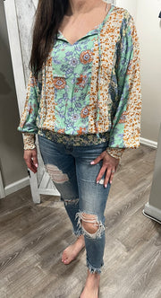 Woven Floral Print Mix Top
