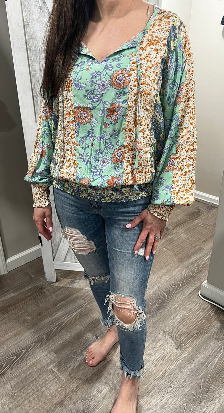 Woven Floral Print Mix Top