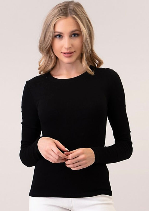 Black or White Ribbed Long Sleeve Round Neck Top