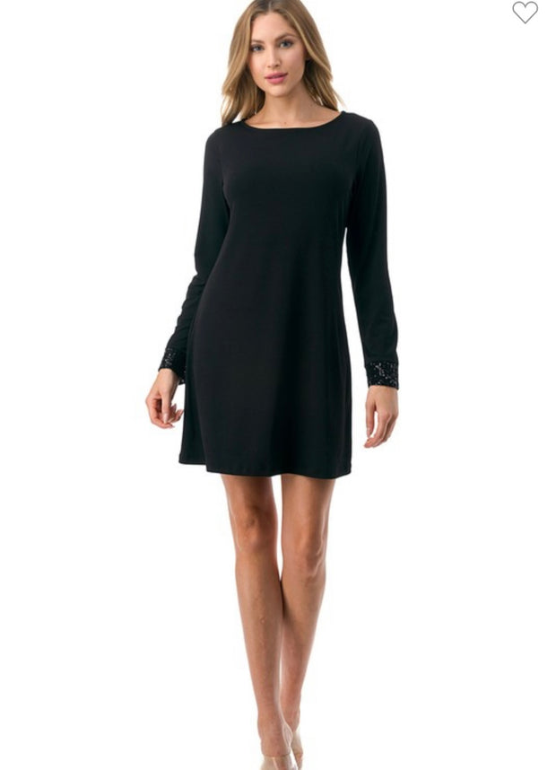 Ariella Simple Black Dress With Sequin Sleeve Detail