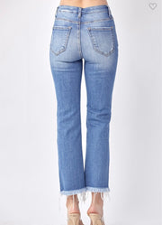 Mid Rise Raw Hem Straight Jeans- No Rips